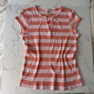 Vintage Old Navy Pink and Peach Ribbed Cotton Knit Lace-Up Short Sleeve Top – L
